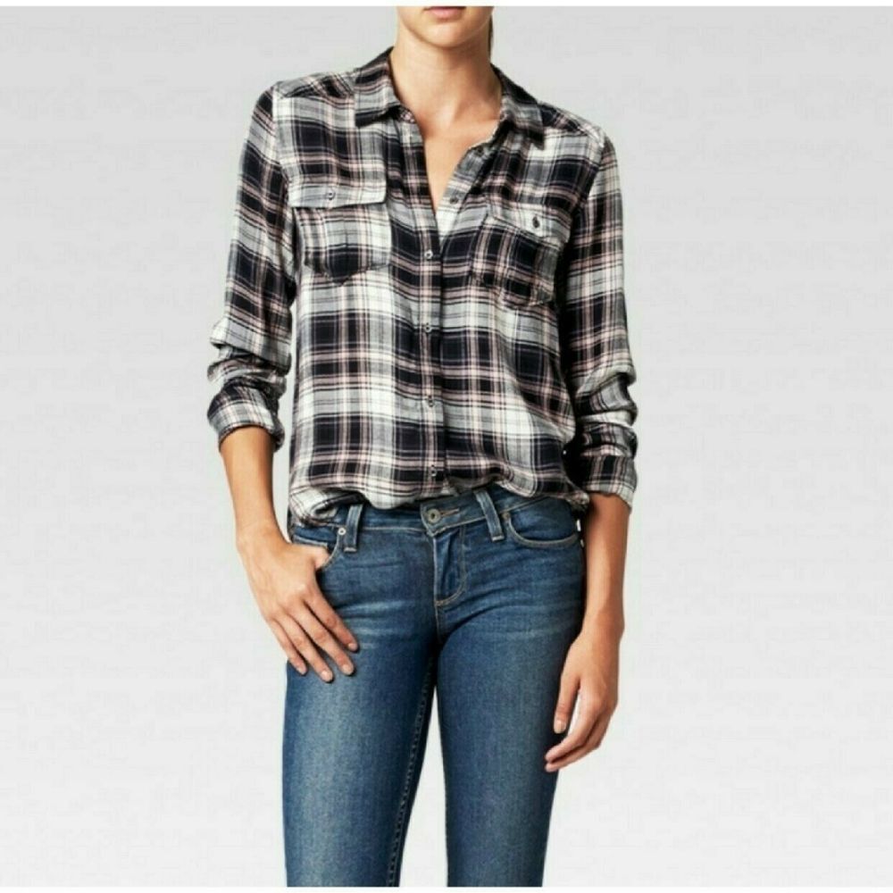 Paige Maya Plaid Button Up Shirt in Black Adobe Rose Grey Huntley Size Small